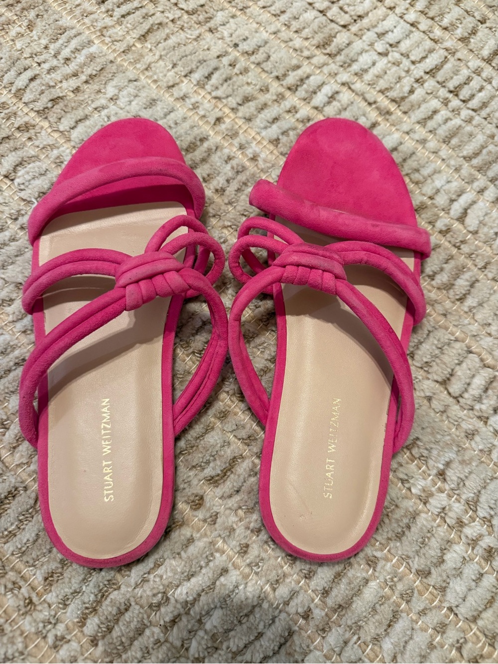 Stuart Weitzman Hot Pink Suede Knotted Strap Slide Sandals